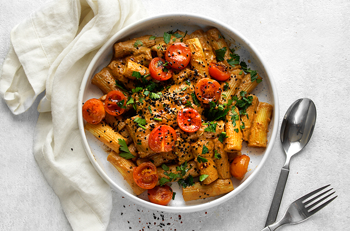 Makaron z suszonymi pomidorami i tahini