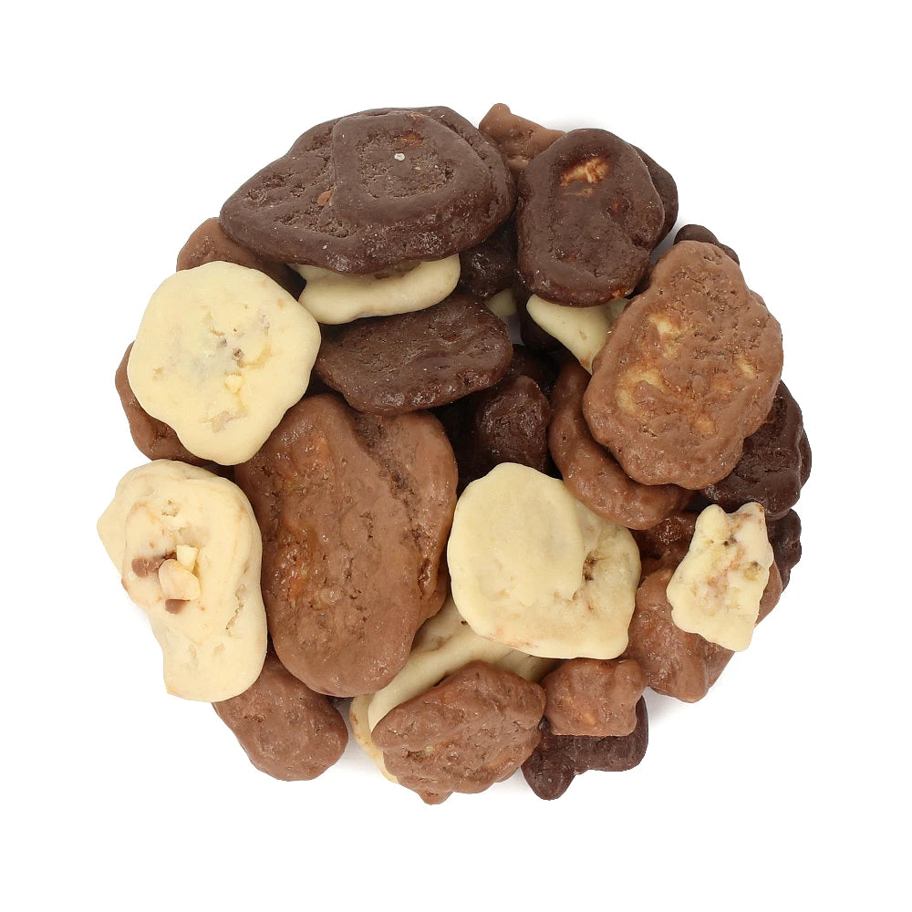 Widok z góry na produkt Chipsy bananowe mix jogurt gorzka mlecz czeko 500 g