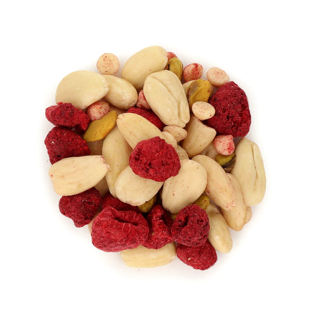 Widok z góry na produkt Mieszanka pistacjowa z malinami i czekolada 200 g