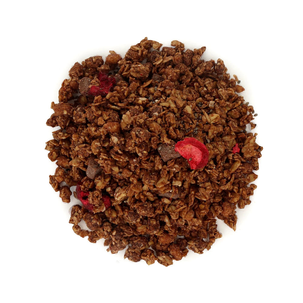 Widok z góry na produkt Granola czekoladowa z dodatkiem wisni i nasion chia 500 g