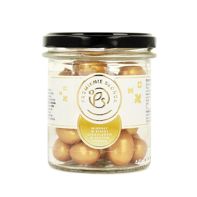Złote migdały w białej czekoladzie ze słonym karmelem w słoiczku 180 g