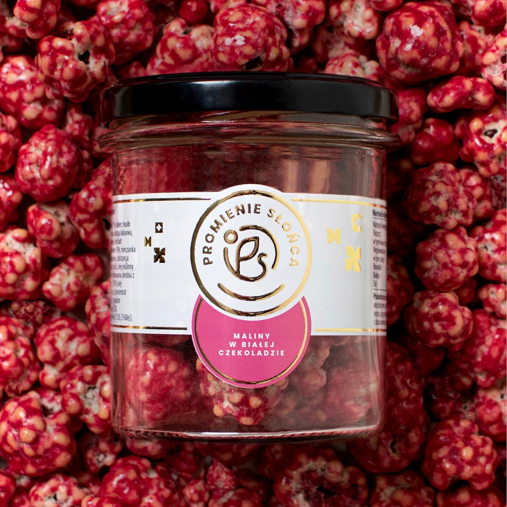Widok z góry na produkt Maliny w białej czekoladzie w sloiczku 120 g