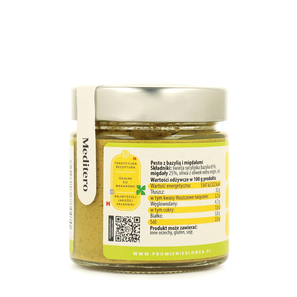 Drugie ujęcie opakowania produktu Meditero pesto z bazylia i migdałami 190 g
