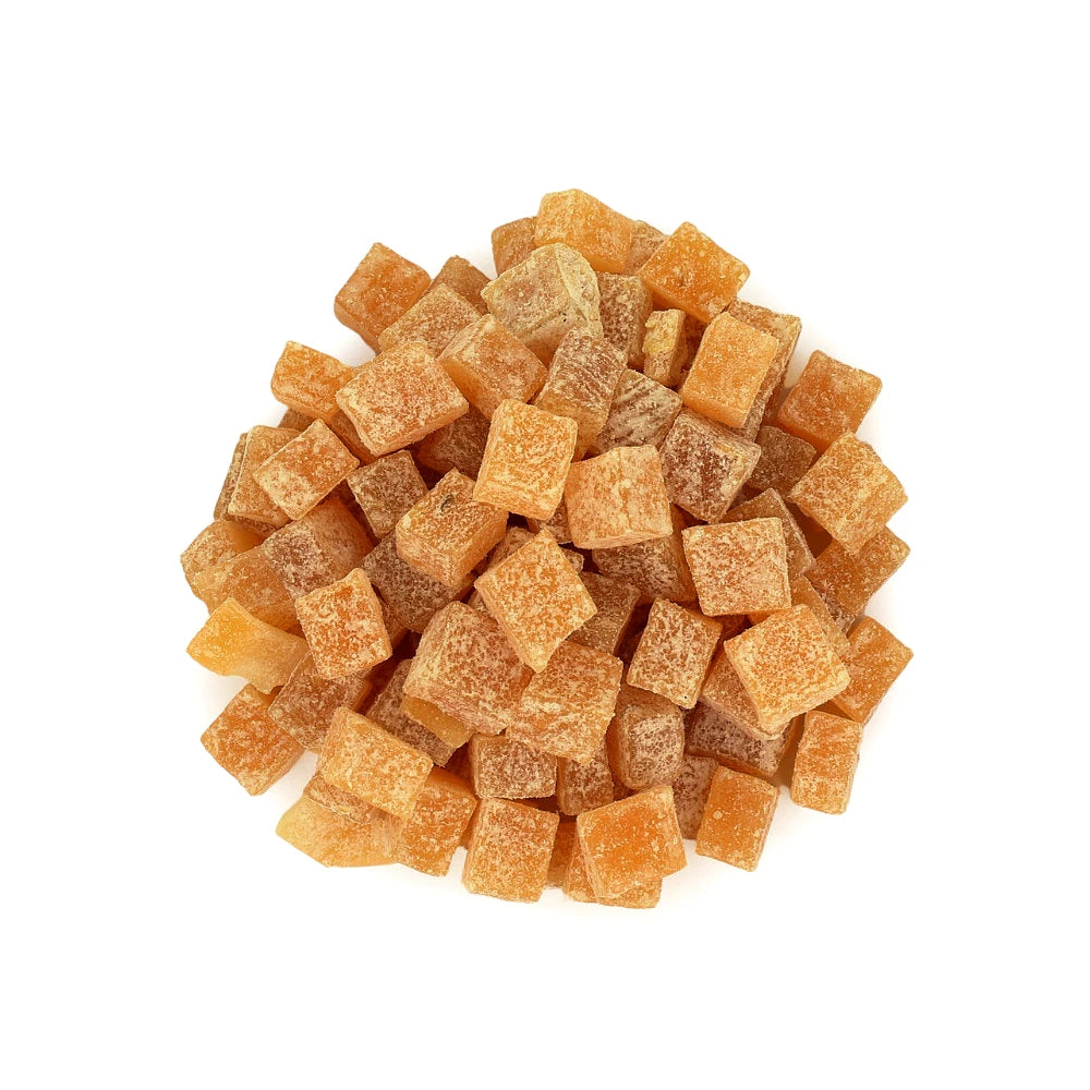 Widok z góry na produkt Pomaranczowe kostki bez cukru 250 g