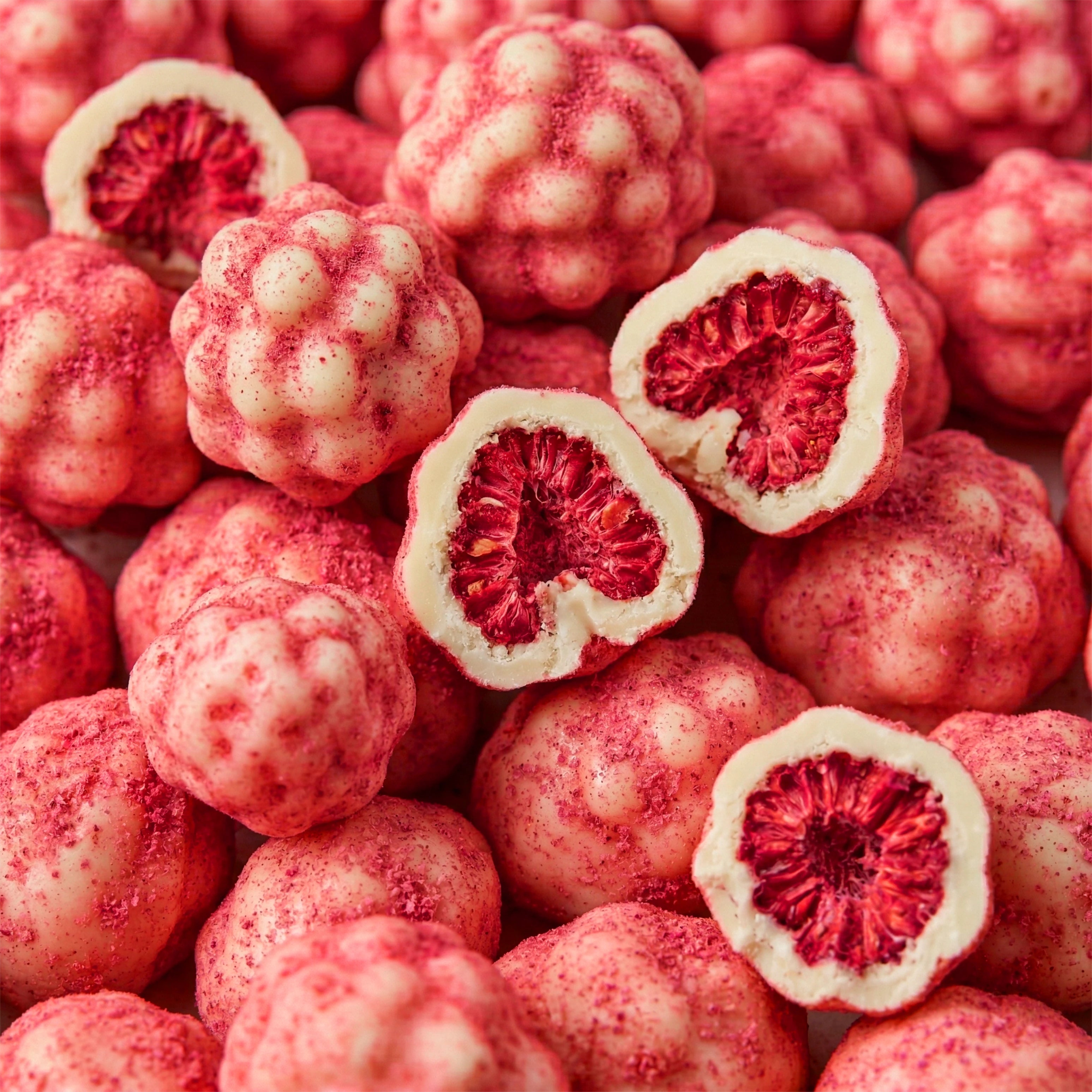 Na zdjęciu pokazano strukturę produktu: maliny w białej czekoladzie.